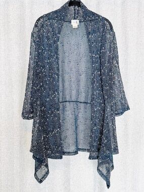 Shana K Boutique Cardigan Women's 3X Rustic Blue Cream Knit Sweater Wrap Throw
